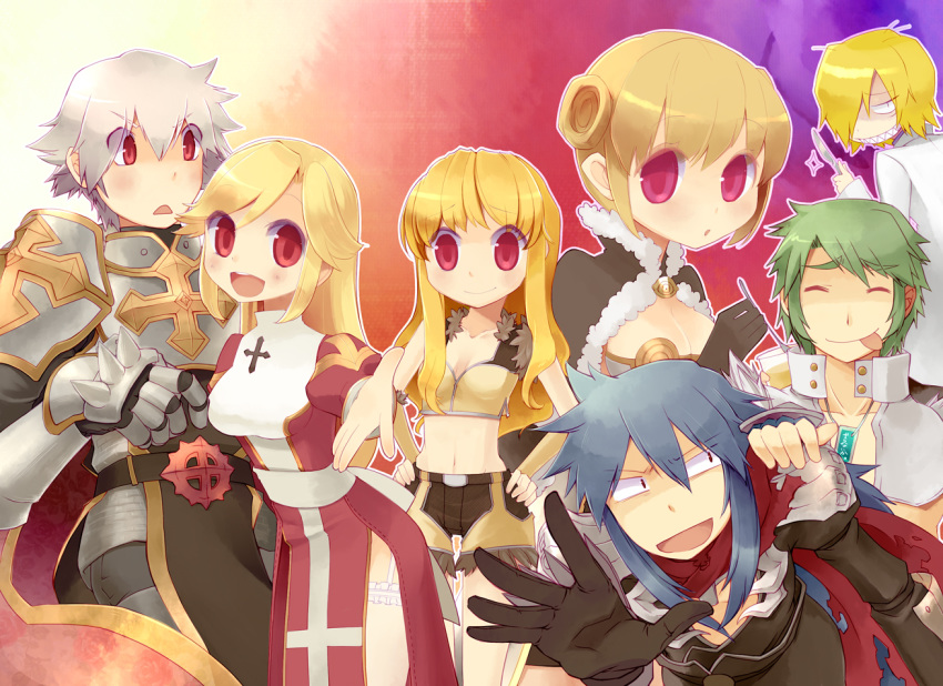 3girls 4boys armor assassin_cross_(ragnarok_online) aura_(a440) bangs bare_chest belt bio_lab black_gloves black_pants black_shirt blonde_hair blue_hair blush breastplate breasts brooch brown_cape cape cecil_damon chainmail cleavage closed_eyes closed_mouth commentary_request constricted_pupils cowboy_shot cross cup double_bun dress eremes_guile evil_smile eyebrows_visible_through_hair eyes_visible_through_hair fingerless_gloves fur-trimmed_cape fur-trimmed_crop_top fur-trimmed_gloves fur-trimmed_shorts fur_trim garter_straps gloves gradient gradient_background green_hair hair_between_eyes hands_on_hips high_collar high_priest_(ragnarok_online) high_wizard_(ragnarok_online) howard_alt-eisen jewelry katheryne_keyron labcoat long_hair long_sleeves looking_at_another looking_at_viewer looking_back lord_knight_(ragnarok_online) margaretha_solin medium_breasts midriff multiple_boys multiple_girls navel open_mouth pants pauldrons ragnarok_online reaching_out red_cape red_dress red_eyes red_scarf scalpel scarf scientist seyren_windsor shaded_face shiny shiny_hair shirt short_hair short_shorts shorts shoulder_armor smile sniper_(ragnarok_online) standing stirring strapless strapless_dress thighhighs tongue tongue_out torn_clothes torn_scarf torn_shirt two-tone_dress upper_body upper_teeth white_dress white_hair white_legwear white_shirt whitesmith_(ragnarok_online) wolfchev yellow_crop_top yellow_gloves yellow_shorts