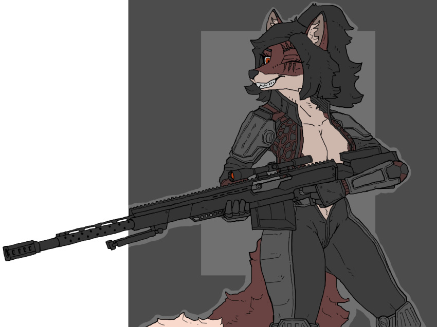 alpha_channel amber_eyes anthro armor breasts canid canine cleavage clothed clothing ear_tuft female fluffy fluffy_tail fox fur gun hair mammal ponytail ranged_weapon red_body red_fox red_fur rifle scar simple_background sniper sniper_rifle solo suit tuft unknown_artist weapon white_body white_fur zoey_lavender