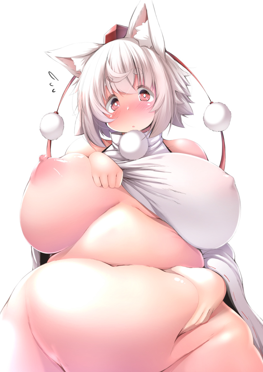 animal_humanoid areola armwear belly belly_grab big_breasts biped blush breasts canid canid_humanoid canine canine_humanoid clothed clothing clothing_lift curvy_figure deep_navel detached_sleeves erect_nipples female flustered front_view glistening glistening_body glistening_breasts glistening_skin hair half-length_portrait hand_on_stomach hat headgear headwear hi_res holding_belly huge_breasts humanoid humanoid_hands inner_ear_fluff light_skin looking_at_viewer mammal mammal_humanoid momiji_inubashiri monotone_hair navel nipple_outline nipples overweight overweight_female overweight_humanoid partially_clothed pink_areola pink_eyes pink_nipples portrait pupils shirt shirt_lift shishi_juuroku short_hair shy simple_background solo standing tokin_hat topwear touhou tuft video_games voluptuous white_background white_clothing white_hair white_pupils white_shirt white_topwear wide_hips wolf_humanoid