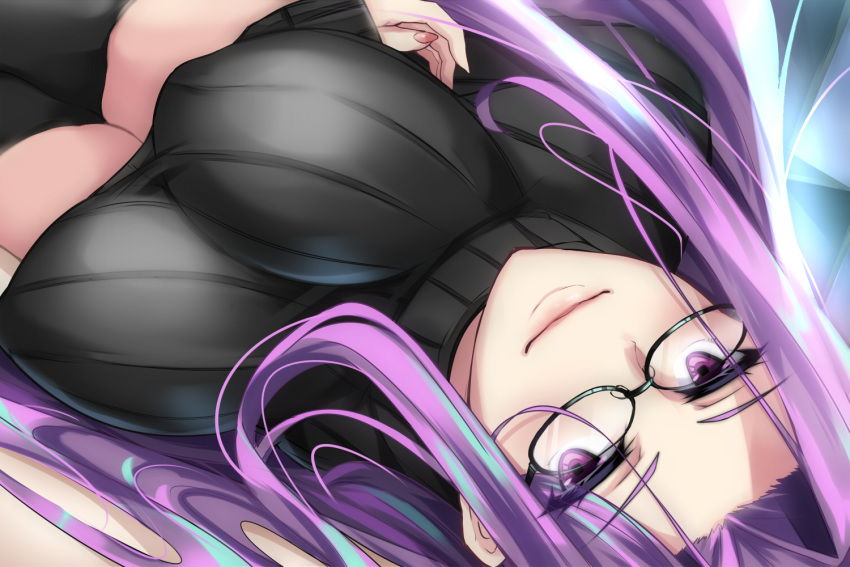 1girl bangs black_sweater blush breasts fate/stay_night fate_(series) forehead glasses large_breasts long_hair long_sleeves looking_at_viewer lying parted_bangs purple_eyes purple_hair ribbed_sweater rider shimeno_puni smile sweater turtleneck turtleneck_sweater very_long_hair