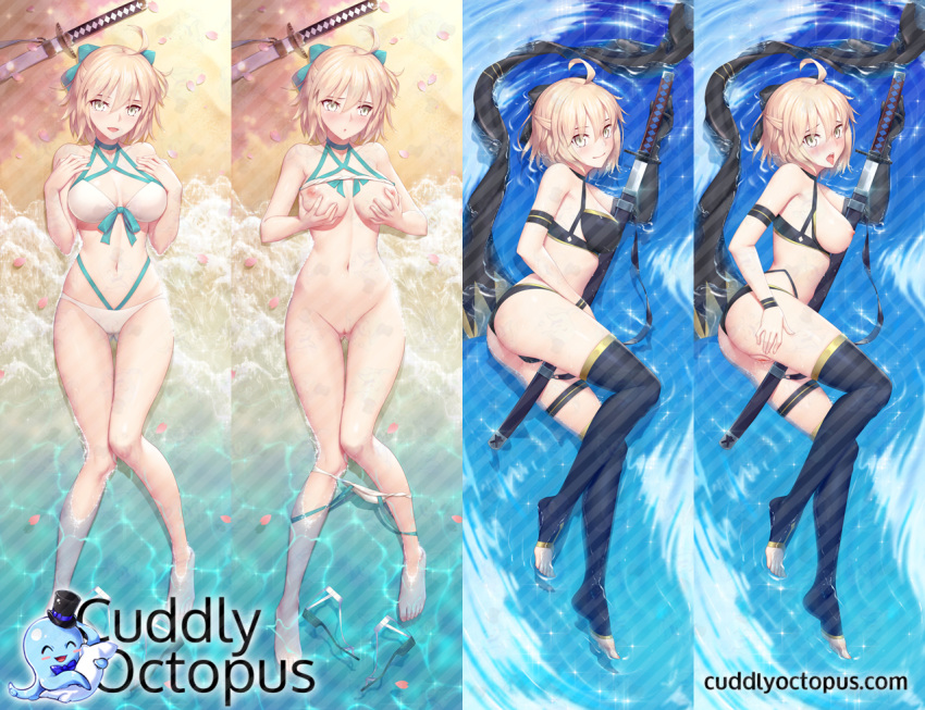 1girl ahoge aqua_bow bangs bare_shoulders bikini bikini_lift black_bikini black_legwear blush bottomless bow breasts closed_mouth dakimakura fate/grand_order fate_(series) hair_bow katana large_breasts looking_at_viewer looking_to_the_side lying multiple_views navel nipples okita_souji_(fate)_(all) okita_souji_(swimsuit_assassin)_(fate) on_back open_mouth petals pussy shadowgrave shore short_hair smile swimsuit sword thighs tongue tongue_out water weapon white_bikini