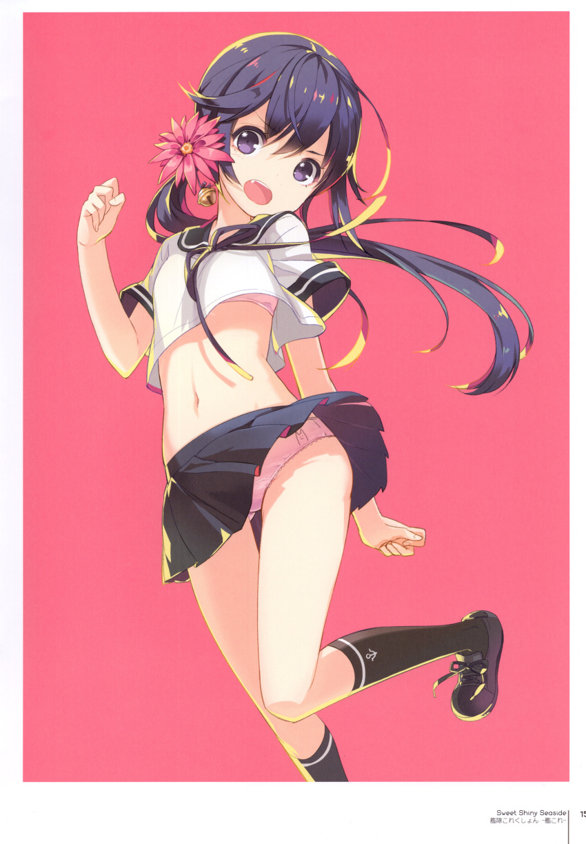 1girl absurdres akebono_(kantai_collection) bell black_hair black_legwear crop_top crop_top_overhang fingernails flower h2so4 hair_bell hair_flower hair_ornament highres jingle_bell kantai_collection leg_up loafers long_hair looking_at_viewer midriff navel open_mouth page_number panties pink_panties pleated_skirt purple_eyes red_background scan school_uniform serafuku shiny shiny_hair shoes short_sleeves side_ponytail simple_background sketch skirt socks solo stomach underwear