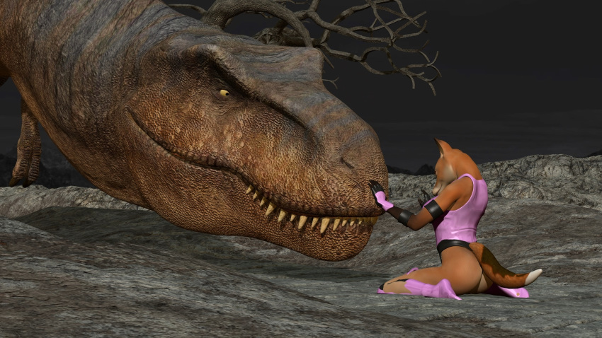 anthro butt canid canine clothing dinosaur drages duo female fox hi_res imminent_vore invalid_tag male male/female mammal pink_clothing reptile scalie sitting theropod tyrannosaurid tyrannosaurus tyrannosaurus_rex vore