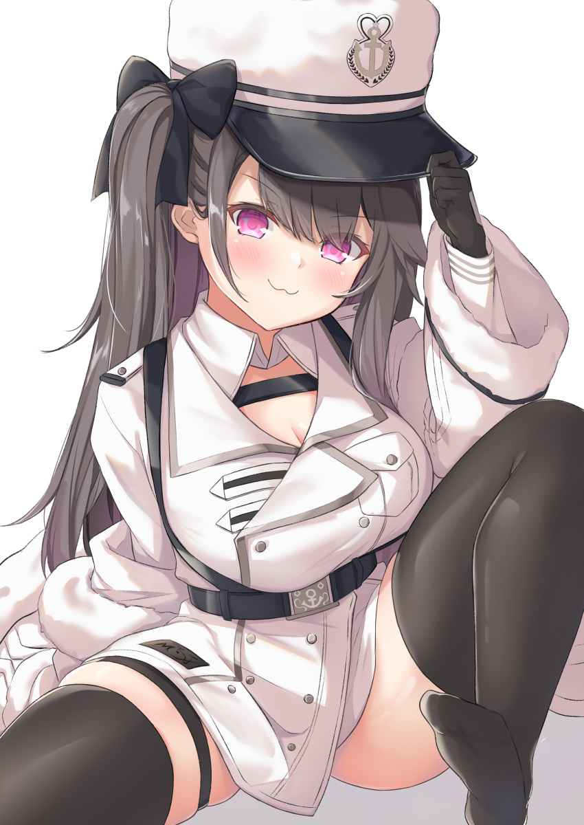1girl :3 absurdres anchor_symbol arm_support azur_lane bangs belt black_belt black_bow black_gloves black_hair black_legwear blush bow breast_pocket breasts buttons cleavage coat coat_dress commentary detached_collar dress eyebrows_visible_through_hair fur-trimmed_coat fur_trim gloves hair_bow hat highres holding holding_clothes holding_hat kusana_(dudqja602) large_breasts long_hair long_sleeves looking_at_viewer no_shoes off-shoulder_coat padded_coat pamiat_merkuria_(azur_lane) pocket purple_eyes side_ponytail sidelocks simple_background sitting skindentation smile solo thigh_strap thighhighs underbust white_background white_coat white_dress white_headwear zettai_ryouiki