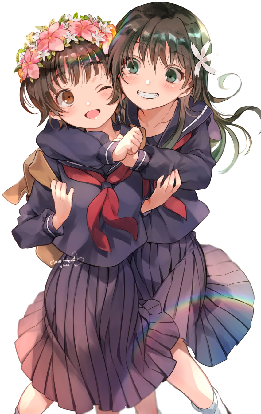 2girls absurdres bangs black_hair black_serafuku black_shirt blush brown_hair collarbone commentary_request feet_out_of_frame flower grin hair_flower hair_ornament hana_(h6n6_matsu) head_wreath heart highres hug long_hair long_skirt long_sleeves looking_at_another looking_at_viewer multiple_girls neckerchief one_eye_closed open_mouth pleated_skirt sakugawa_school_uniform saten_ruiko school_uniform serafuku shirt short_hair skirt smile to_aru_kagaku_no_railgun to_aru_majutsu_no_index uiharu_kazari