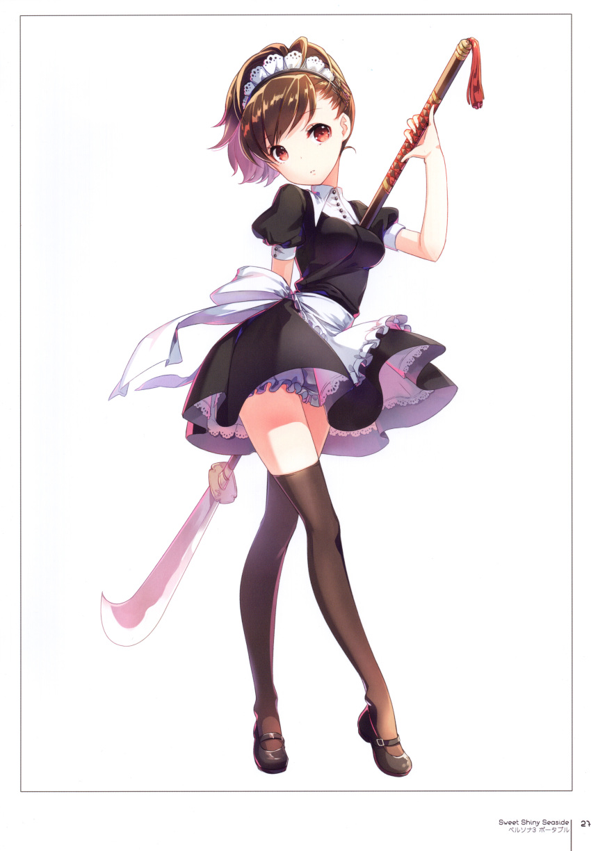 1girl :o absurdres alternate_costume apron arms_behind_back bangs black_legwear bloomers breasts brown_hair buttons collar dress enmaided expressionless frilled_apron frills h2so4 hair_ornament hairband hairpin head_tilt highres holding holding_weapon lace lace-trimmed_dress lace_trim lance maid maid_headdress naginata parted_lips persona persona_3 persona_3_portable polearm ponytail puffy_short_sleeves puffy_sleeves red_eyes scan shiomi_kotone short_hair short_sleeves simple_background small_breasts solo swept_bangs tareme thighhighs underwear waist_apron weapon