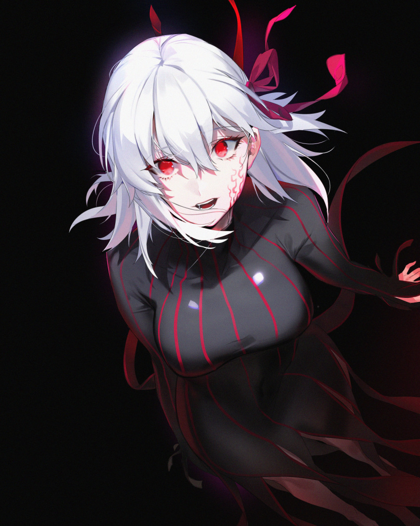 1girl :d bangs black_dress breasts dark_persona dark_sakura dress fate/stay_night fate_(series) hair_ribbon highres imp_(sksalfl132) large_breasts long_hair long_sleeves looking_at_viewer matou_sakura open_mouth red_eyes ribbon silver_hair smile solo striped turtleneck white_hair