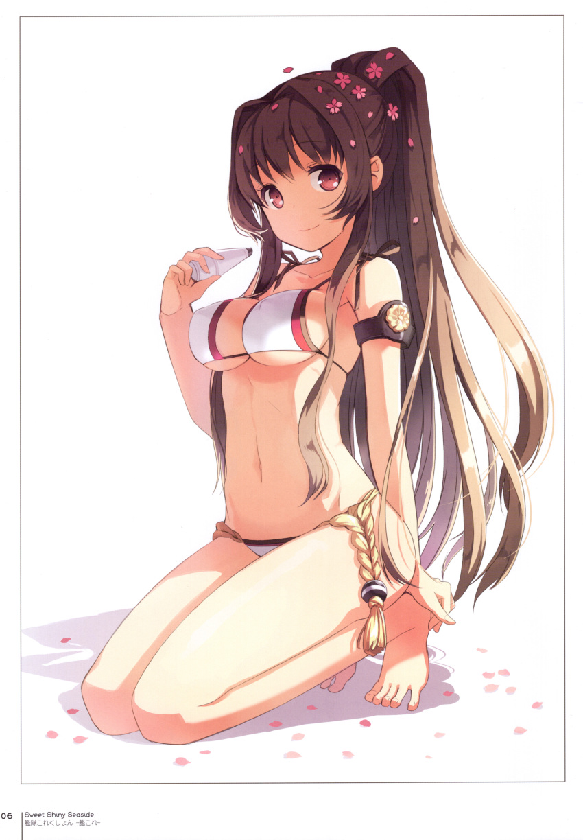 1girl absurdres bangs bare_shoulders barefoot bikini breasts brown_hair cleavage closed_mouth collarbone eyebrows_visible_through_hair full_body h2so4 highres holding kantai_collection kneeling long_hair looking_at_viewer medium_breasts navel page_number petals ponytail scan shadow simple_background smile solo stomach swimsuit thighs tied_hair toes underboob very_long_hair yamato_(kantai_collection)