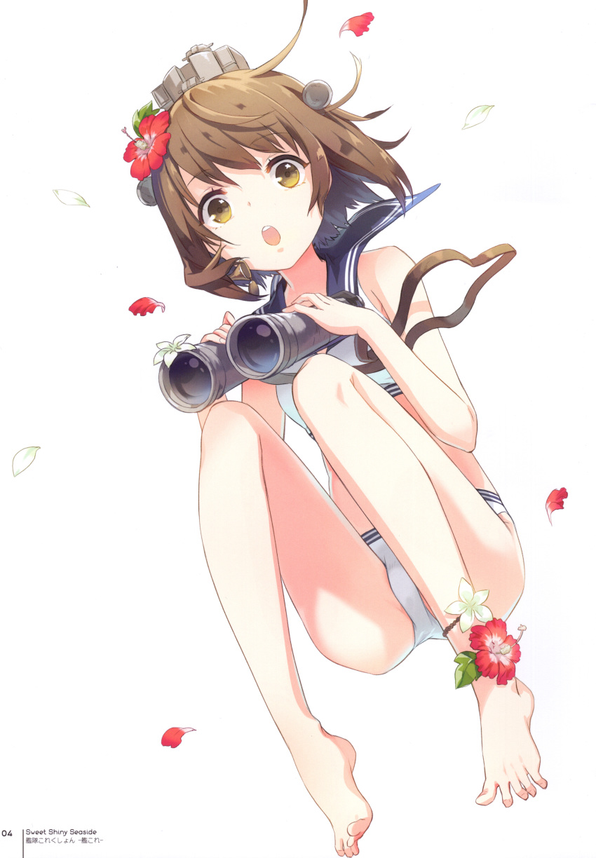 1girl absurdres bangs bare_shoulders barefoot bikini binoculars brown_eyes brown_hair eyebrows_visible_through_hair flower h2so4 hair_flower hair_ornament hibiscus highres holding kantai_collection looking_at_viewer open_mouth page_number petals sailor_collar scan simple_background solo swimsuit thighs toes white_background yukikaze_(kantai_collection)