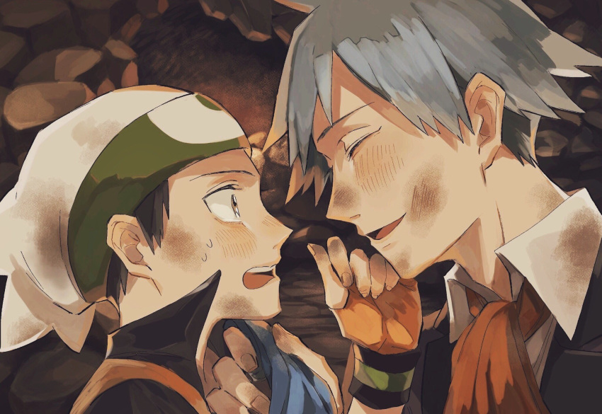 2boys age_difference beanie black_hair blush brendan_(pokemon) cave closed_eyes collared_shirt commentary_request dirty dirty_face fingerless_gloves fingernails gloves hat highres holding_cloth jacket looking_at_another male_focus multiple_boys orange_gloves pokemon pokemon_(game) pokemon_emerald pokemon_rse popped_collar profile shirt silver_hair steven_stone sweat tokeru upper_body white_headwear white_shirt yaoi