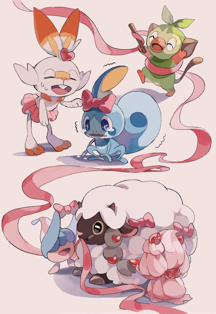 alcremie blue_eyes bow closed_eyes commentary_request fang gen_8_pokemon grookey happy hatenna heart highres holding holding_bow holding_stick no_humans open_mouth pink_ribbon pink_skirt pokemon pokemon_(creature) ribbon scorbunny skirt sobble standing stick tearing_up toes tokeru tongue trembling wooloo