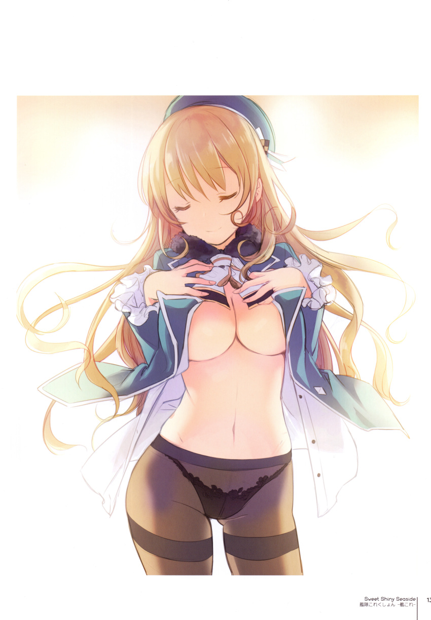 1girl absurdres atago_(kantai_collection) beret black_legwear black_panties breasts brown_hair closed_eyes closed_mouth crotch_seam detached_sleeves eyebrows_visible_through_hair fingernails h2so4 hands_on_own_chest hat highres kantai_collection large_breasts long_hair long_sleeves medium_breasts navel no_bra no_pants open_clothes open_shirt page_number panties panties_under_pantyhose pantyhose scan shirt simple_background smile solo stomach thighband_pantyhose underwear