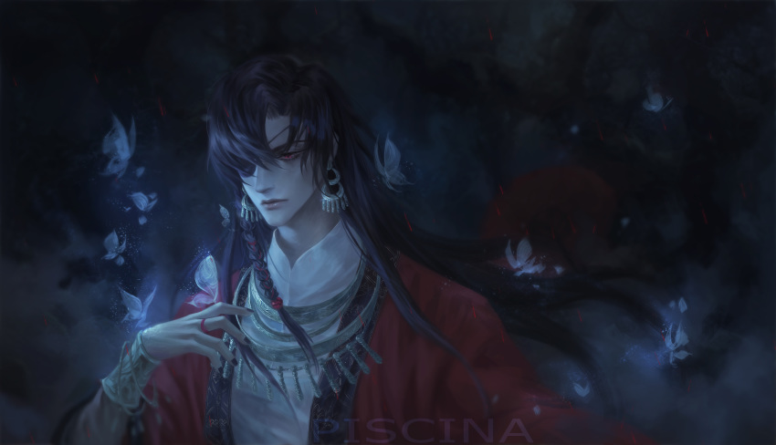 1boy absurdres artist_name black_hair black_nails bracelet bug butterfly dark_background dreamingpool facing_viewer hair_over_one_eye highres hua_cheng insect jewelry long_hair long_neck male_focus red_eyes ring solo tian_guan_ci_fu watermark