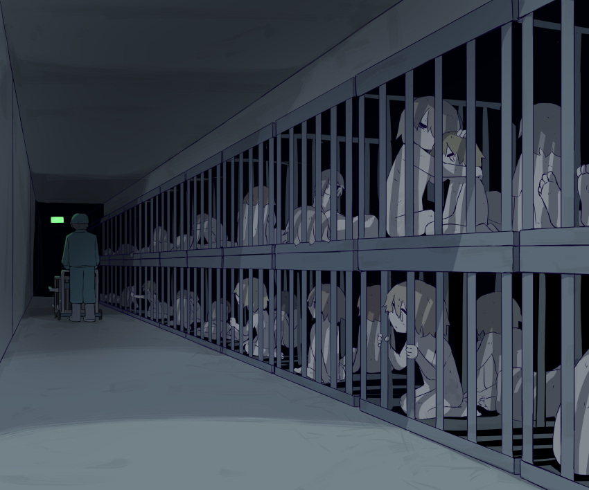 6+boys absurdres avogado6 blonde_hair boots brown_hair bruise cage closed_eyes grey_hair highres hug in_cage injury multiple_boys nude original rubber_boots walking wide-eyed