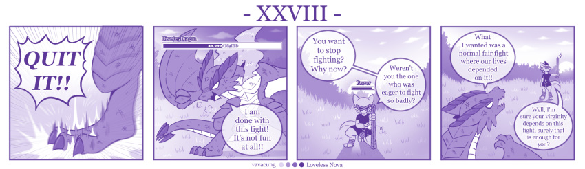 4koma ambiguous_gender anthro braver_(character) clothing comic dialogue disaster_dragon dragon duo english_text feral gameplay_mechanics health_bar hi_res kobold mask melee_weapon monochrome profanity purple_theme scalie speech_bubble text vavacung weapon wings