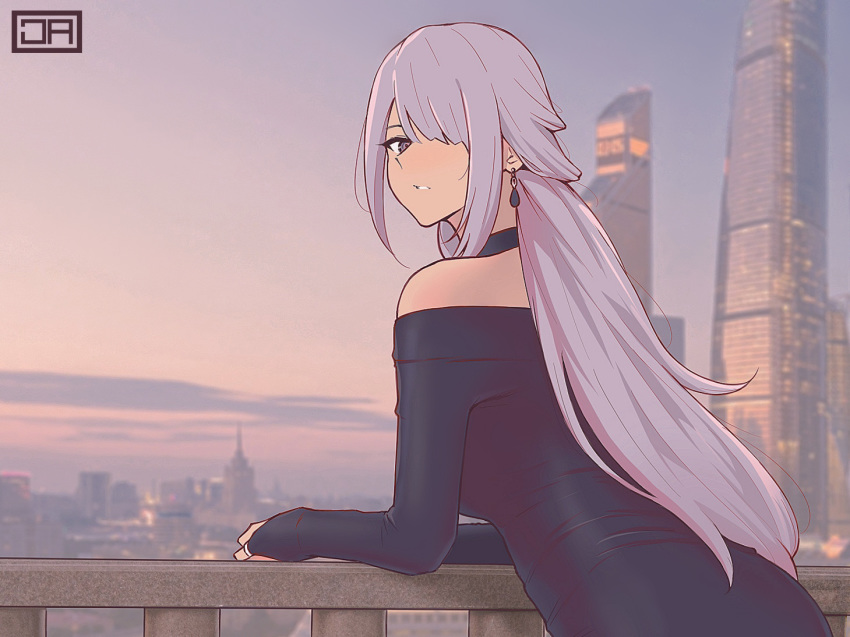 1girl against_railing ak-15_(girls_frontline) bare_shoulders black_choker blurry blurry_background building choker day depth_of_field dress earrings from_behind girls_frontline hair_over_one_eye j_adsen jewelry light_blush long_hair long_sleeves looking_at_viewer looking_back moscow one_eye_covered outdoors parted_lips photo_background ponytail purple_eyes purple_hair railing skyscraper solo strapless strapless_dress