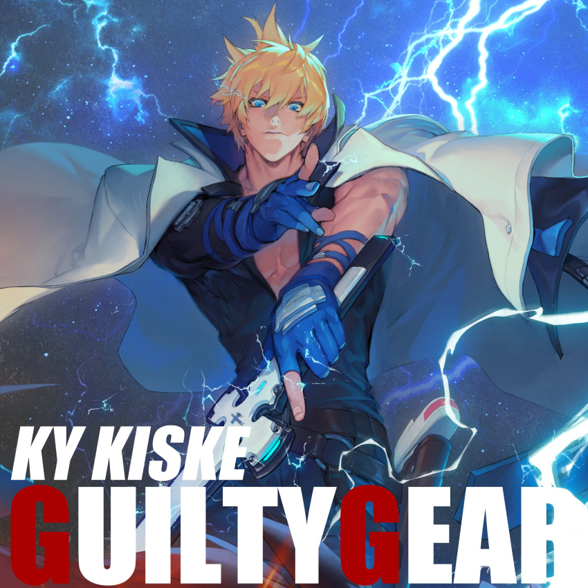 1boy absurdres belt blonde_hair blue_eyes closed_mouth copyright_name fingerless_gloves from_above gloves guilty_gear guilty_gear_strive hichi highres holding holding_weapon jacket jacket_on_shoulders ky_kiske lightning lightning_bolt looking_at_viewer male_focus muscle night night_sky short_hair single_sleeve sky solo star_(sky) sword weapon white_jacket