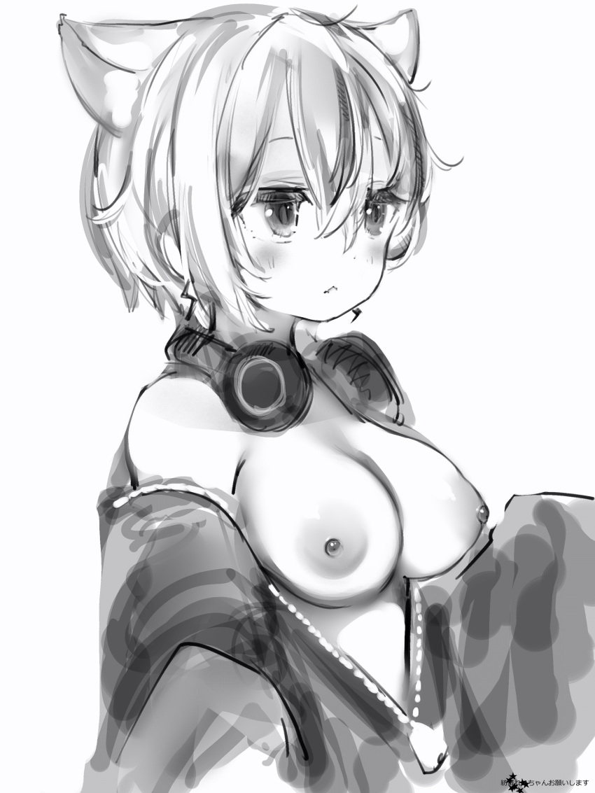 1girl :&lt; animal_ears breasts cat_ears closed_mouth ears_down from_side greyscale headphones headphones_around_neck highres jacket large_breasts monochrome nanashi_(nlo) nipples nude off-shoulder_jacket open_clothes open_jacket short_hair simple_background solo topless tsumugine_rei upper_body white_background zero_project