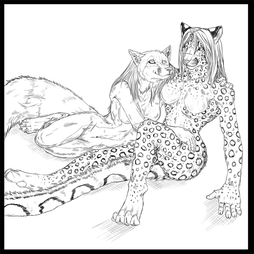 1:1 4_toes 5_fingers anthro breasts canid canine claws cuddling darksilver digitigrade duo featureless_breasts felid female fingers fox fur hi_res inner_ear_fluff interspecies lenna_(darksilver) mammal monochrome nude pantherine paws raine_(darksilver) sitting smile snow_leopard spots spotted_body spotted_fur toe_claws toes tuft