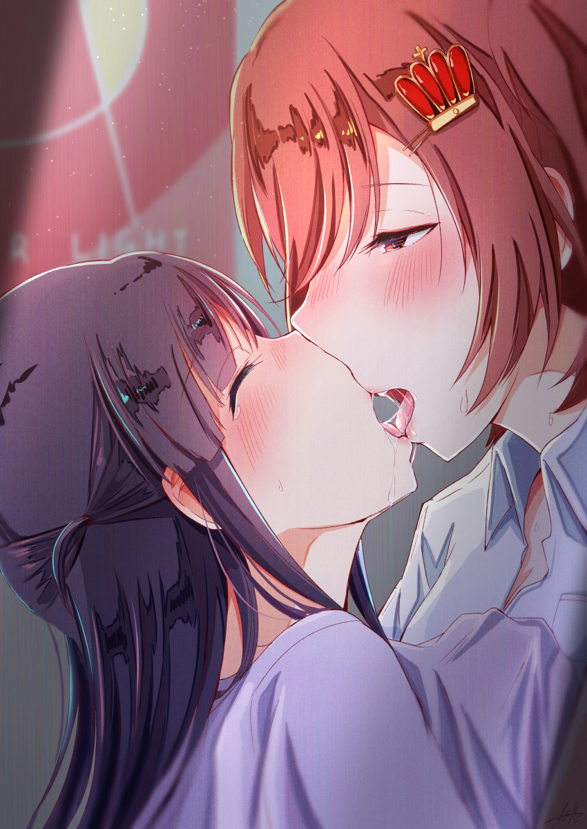 2girls absurdres aijou_karen ash_(shikkoku_no_tsubasa) bangs blush closed_eyes collared_shirt commentary_request crown_hair_ornament eyebrows_visible_through_hair french_kiss hair_ornament highres huge_filesize kiss long_hair multiple_girls purple_hair red_eyes red_hair saliva saliva_trail shirt shoujo_kageki_revue_starlight signature sweat sweatdrop tears tsuyuzaki_mahiru white_shirt yuri