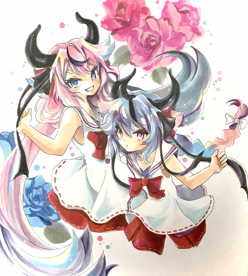 2others bare_shoulders blue_eyes blue_flower blue_hair blue_rose collar commentary cropped_legs expressionless flower gynoid_talk hakama_pants hakama_skirt highres horns ikachiyosan japanese_clothes leaf looking_at_viewer meika_hime meika_mikoto miniskirt multicolored_hair multiple_others pants pink_eyes pink_flower pink_hair pink_rose red_pants red_skirt rose sailor_collar shirt skirt sleeveless sleeveless_shirt smile streaked_hair traditional_media upper_body vocaloid white_collar white_shirt