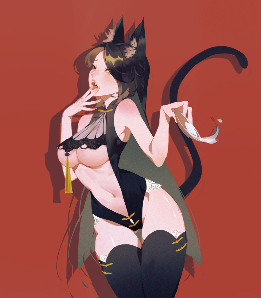 1girl absurdres animal_ear_fluff animal_ears ass_visible_through_thighs badao_zhu_ge bare_arms bare_shoulders black_hair black_legwear body_blush breasts brown_eyes cat_ears cat_girl cat_tail clothing_cutout cowboy_shot cup drop_shadow fangs finger_licking fingernails hair_over_one_eye hand_to_own_mouth hands_up highres large_breasts leotard licking long_hair navel open_mouth original red_background revealing_clothes sakazuki see-through shadow simple_background solo standing stomach stomach_cutout tail tail_raised tassel thigh_gap thighhighs thighs tongue underboob very_long_hair