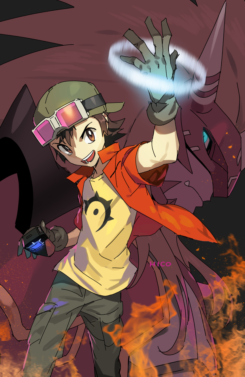 1boy absurdres blue_eyes blue_pupils brown_eyes brown_gloves brown_hair closed_mouth digimon digimon_frontier fang fire gloves glowing glowing_eye goggles goggles_on_headwear hat hico highres holding horned_mask horns jacket long_hair male_focus mask open_clothes open_jacket open_mouth pink-tinted_eyewear red_jacket red_theme shirt signature slit_pupils smile solo teeth tongue yellow_shirt