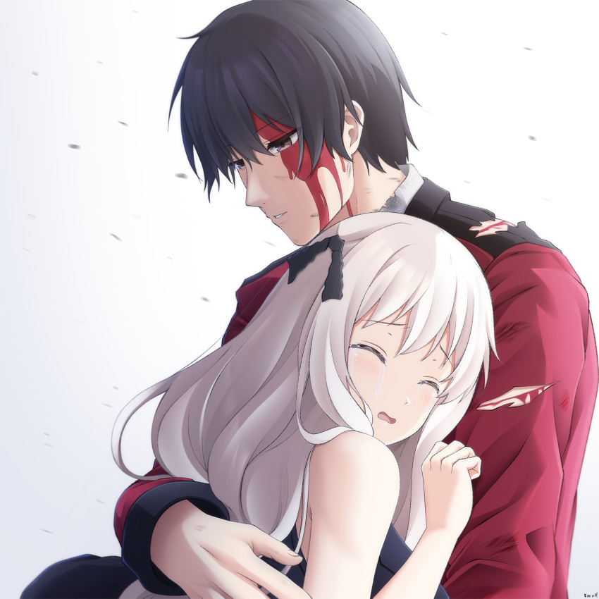 1boy 1girl bangs black_hair blood blood_on_face brown_eyes closed_eyes commander_(girls_frontline) commentary_request crying cuts eyebrows_visible_through_hair girls_frontline gradient gradient_background grey_background hair_between_eyes highres hug injury jacket kar98k_(girls_frontline) keenh long_hair open_mouth parted_lips red_jacket signature tears torn_jacket upper_body wavy_mouth white_background white_hair