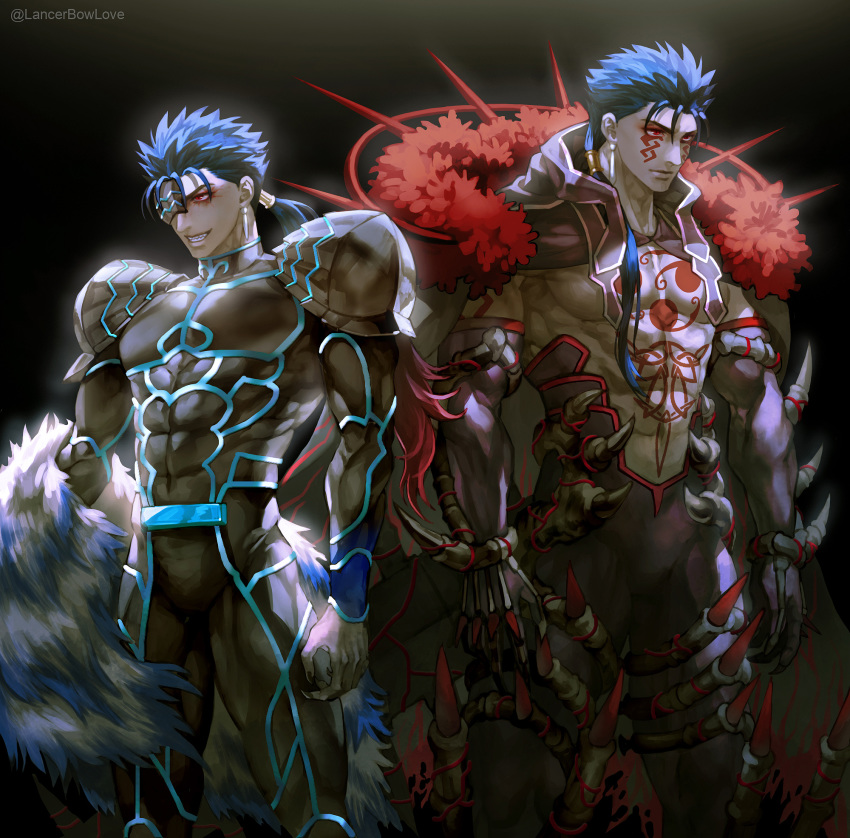 2boys abs armor bare_chest beads black_background blue_hair bodypaint bodysuit cape claws cowboy_shot cu_chulainn_(fate)_(all) cu_chulainn_(fate/grand_order) dark_persona earrings elbow_gloves facepaint fate/grand_order fate/kaleid_liner_prisma_illya fate_(series) fur gloves glowing grin hair_beads hair_ornament highres hood hood_down jewelry kim_yura_(goddess_mechanic) lancer_(prisma_illya) long_hair male_focus mask monster_boy multiple_boys multiple_persona muscle pants pauldrons ponytail red_eyes sharp_teeth shirtless shoulder_armor simple_background skin_tight smile spiked_hair spikes tail teeth twitter_username type-moon