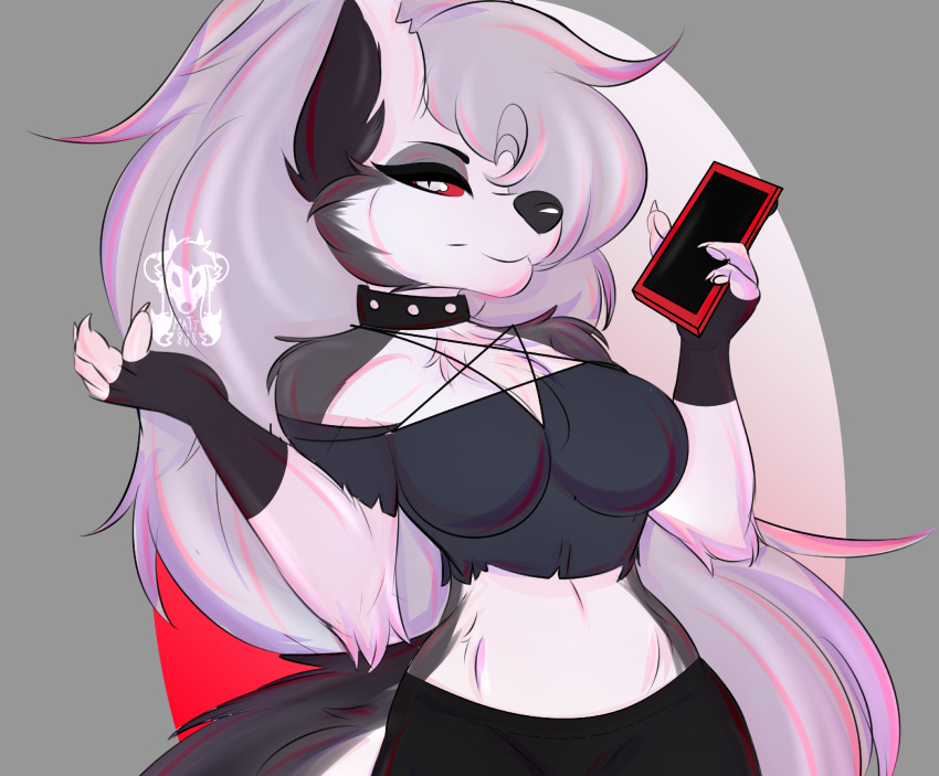 anthro breasts canid canine canis cellphone clothing female helluva_boss hi_res loona_(vivzmind) mammal matt838 phone solo wolf