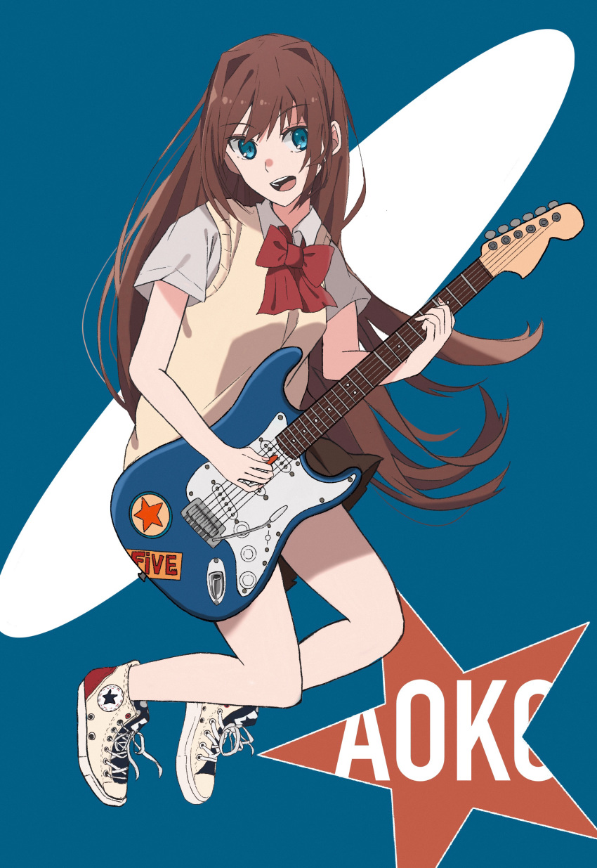 1girl absurdres alternate_costume aozaki_aoko blue_background blue_eyes brown_hair brown_skirt character_name collared_shirt converse highres instrument_request long_hair looking_at_viewer mahou_tsukai_no_yoru neck_ribbon pikaremon ribbon shirt skirt smile solo sweater_vest white_shirt