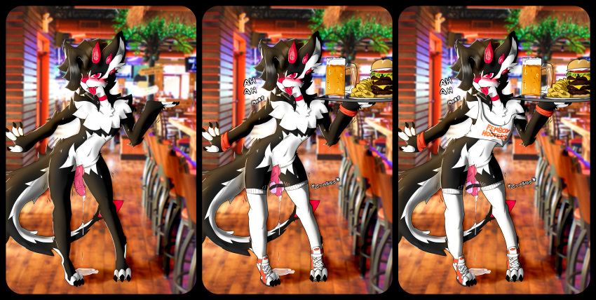 absurd_res alcohol bartender beer beverage black_body black_fur bodily_fluids burger cat_dragon cum cum_on_ground english_text femboy_hooters food fur genital_fluids genitals girly hi_res horn hybrid izanagi_rockman looking_pleasured moan penile penis photo_background pleased_expression precum red_horn ryuzagi sex_toy text vibrator vibrator_on_penis white_body white_fur