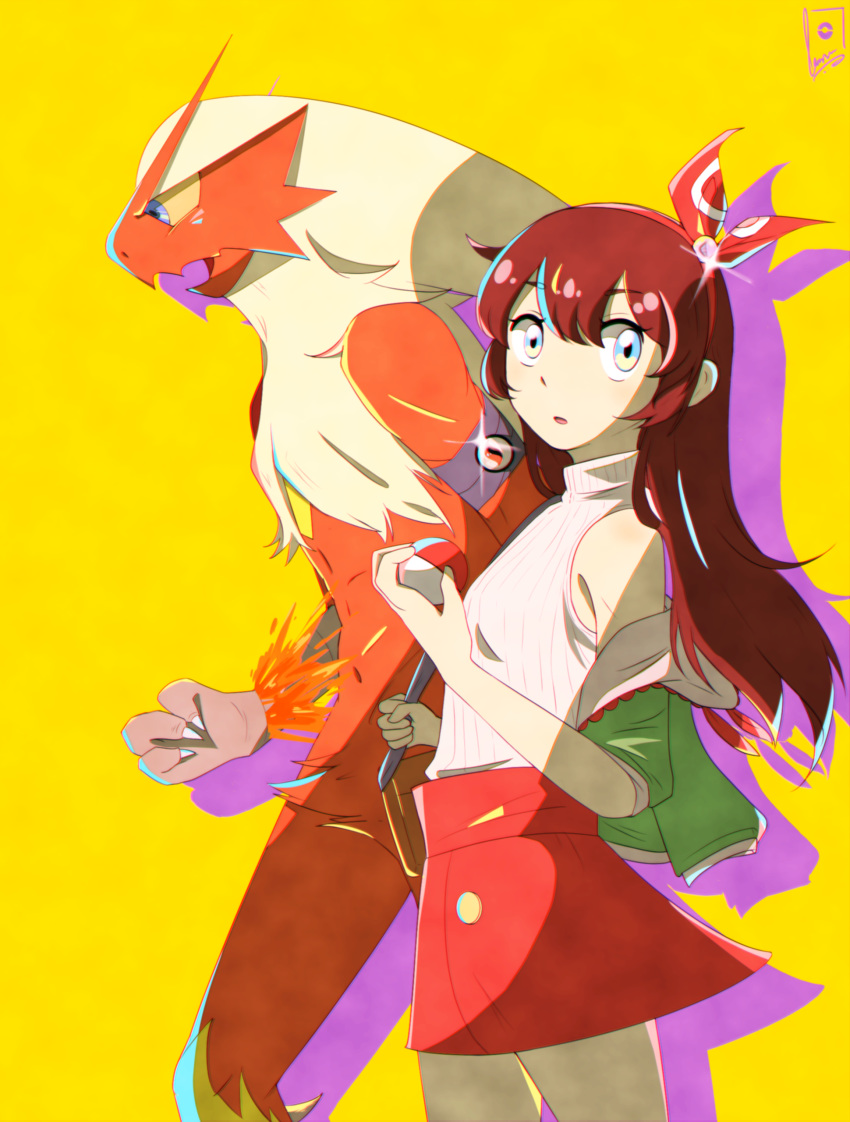 absurd_res anthro beak blaziken blue_eyes breasts brown_hair claws clothed clothing demira_lilian duo fan_character female fire fur hair hi_res human male male/female mammal multicolored_body multicolored_fur nintendo open_mouth pok&eacute;ball pok&eacute;mon pok&eacute;mon_(species) red_body red_fur simple_background textless two_tone_body two_tone_fur video_games white_hair yellow_body yellow_fur