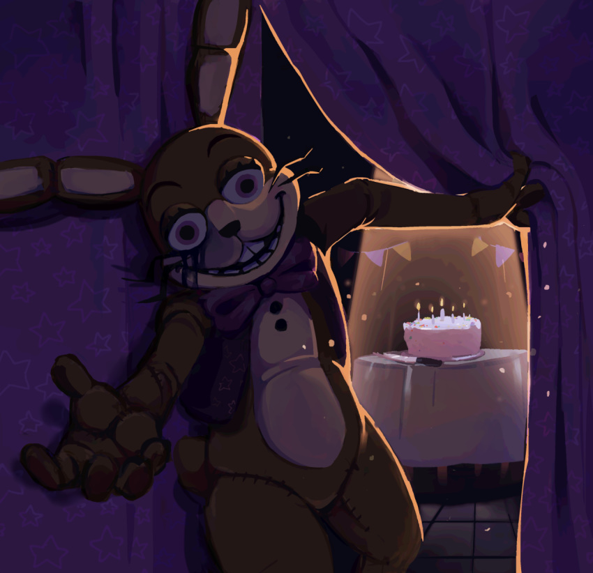 ambiguous_fluids ambiguous_gender anthro birthday_cake bow_tie button_(fastener) cake candle clothing costume curtains derp_eyes dessert five_nights_at_freddy's food furniture fursuit glitchtrap hi_res knife lagomorph leporid long_ears looking_at_viewer mammal multicolored_body nightmare_fuel open_mouth presenting purple_eyes rabbit reaching_towards_viewer scut_tail skylordlysander smile solo table video_games whiskers yellow_body