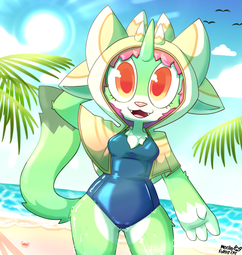 anthro beach clothing domestic_cat equid equine felid feline felis female hi_res hoodie horn hybrid mammal mocho4266 one-piece_swimsuit seaside solo summer swimwear topwear unicorn