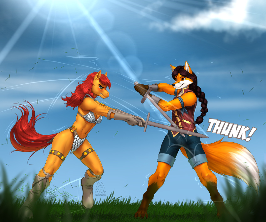 2020 5_fingers absurd_res anthro breasts brown_hair canid canine clothed clothing digital_media_(artwork) duo equid equine female fingers fox hair hi_res horse ineffective_armour mammal midriff mykegreywolf navel red_hair smile