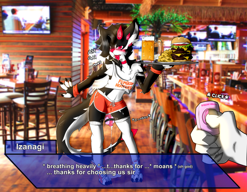 absurd_res alcohol bartender beer beverage black_body black_fur bodily_fluids burger cat_dragon clothed clothing controller crossdressing cum cum_on_ground dating_sim english_text femboy_hooters food fur game_(disambiguation) genital_fluids genitals girly hi_res horn hybrid izanagi_rockman looking_pleasured moan penile penis photo_background pleased_expression precum red_horn remote_control ryuzagi sex_toy text vibrator vibrator_on_penis white_body white_fur