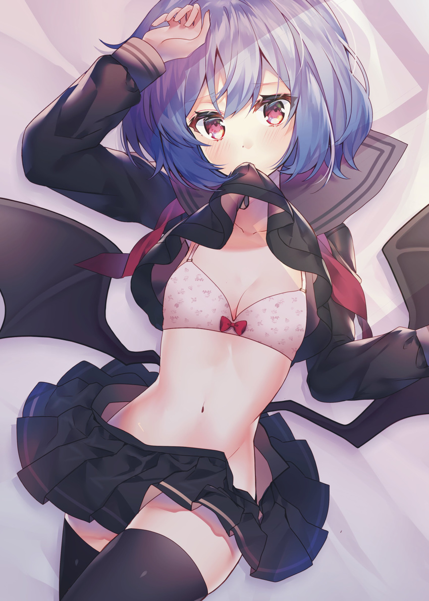 1girl absurdres arm_up bat_wings black_legwear black_serafuku black_shirt black_skirt blue_hair bra breasts cleavage collarbone crop_top crop_top_overhang groin highres kawachi_rin long_sleeves looking_at_viewer miniskirt mouth_hold navel open_clothes open_skirt pleated_skirt red_eyes remilia_scarlet sailor_collar school_uniform serafuku shirt shirt_lift short_hair skirt small_breasts solo stomach stomach_day thighhighs touhou underwear white_bra wings