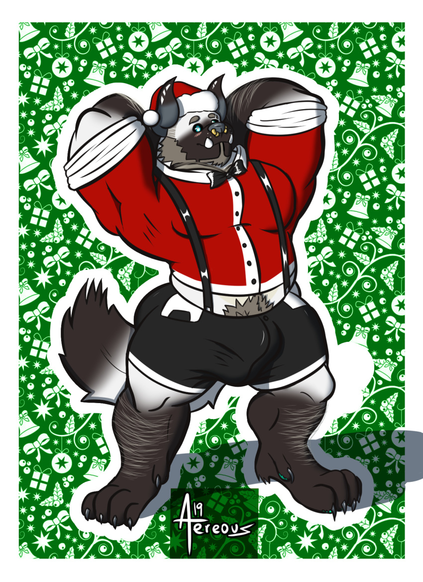 aereous aerrow anthro barazoku beard body_hair bulge canid canine christmas clothing facial_hair facial_piercing hairy hat headgear headwear hi_res holidays hybrid male mammal muscular muscular_male piercing santa_hat slightly_chubby solo thick_thighs ursid white_body