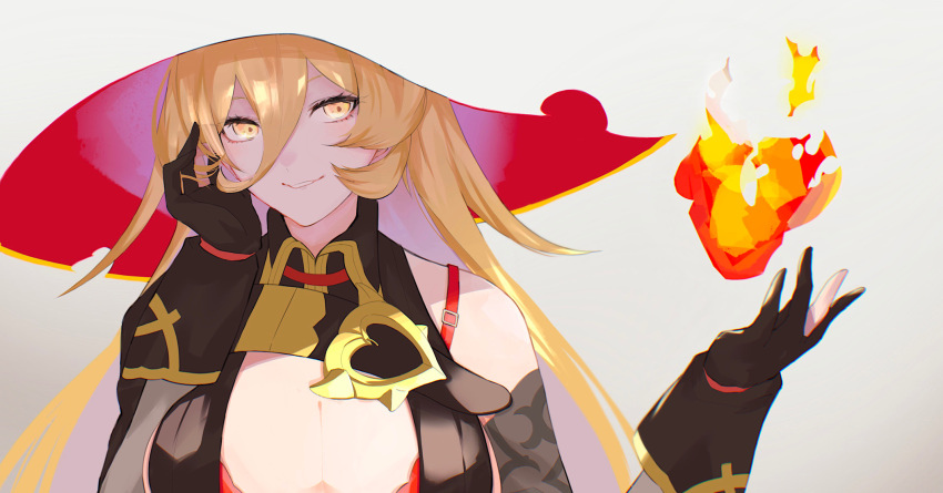 1girl blonde_hair fire gohan_(gohanchang) hat highres holding_flame long_hair looking_to_the_side nijisanji nui_sociere solo virtual_youtuber witch witch_hat yellow_eyes