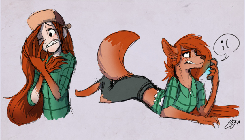 2014 alternate_species anthro canid clenched_teeth disney female gravity_falls hair human human_to_anthro mammal one_eye_closed probablyfakeblonde red_hair simple_background solo species_transformation teeth transformation wendy_corduroy were