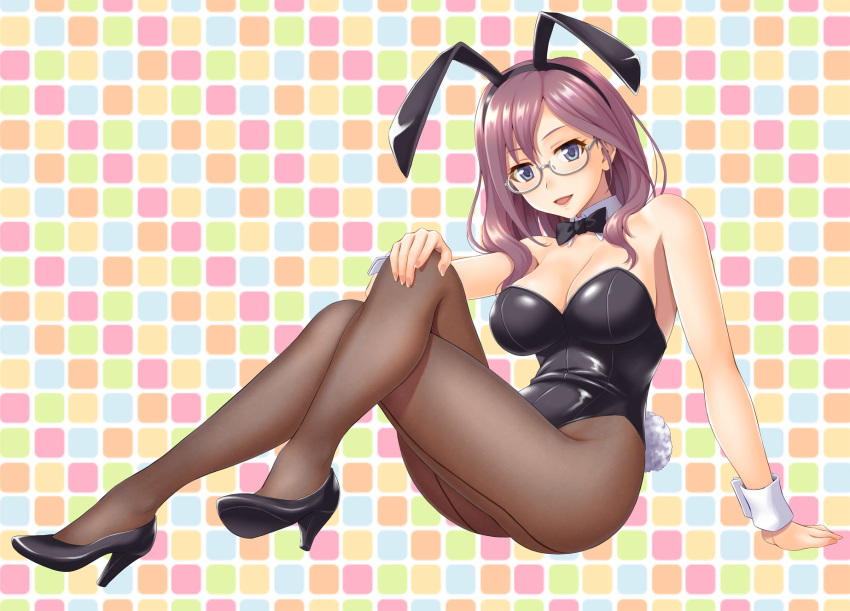 1girl animal_ears back-seamed_legwear black_legwear black_leotard black_neckwear blue_eyes bow bowtie breasts brown_hair bunny_ears bunny_tail cleavage commentary_request detached_collar glasses grey-framed_eyewear grid_background hida_tatsuo highres idolmaster idolmaster_cinderella_girls leotard long_hair looking_at_viewer medium_breasts pantyhose playboy_bunny seamed_legwear semi-rimless_eyewear sitting solo strapless strapless_leotard tail wrist_cuffs yagami_makino