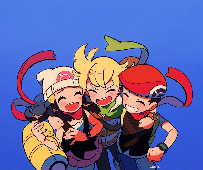 1girl 2boys arm_around_shoulder artist_name bag barry_(pokemon) beanie blonde_hair blue_background blue_pants blush chueog clenched_teeth closed_eyes commentary dawn_(pokemon) duffel_bag green_scarf hat highres lucas_(pokemon) multiple_boys open_mouth pants pokemon pokemon_(game) pokemon_dppt red_headwear red_scarf scarf smile teeth tongue watermark white_headwear yellow_bag