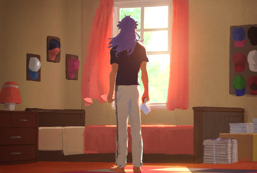 1boy barefoot baseball_cap bed black_shirt commentary_request curtains dark_skin dark_skinned_male day drawer hat holding indoors lampshade leon_(pokemon) long_hair male_focus pants pokemon pokemon_(game) pokemon_swsh purple_hair shirt short_sleeves solo standing white_pants window zukki_(suzukio)