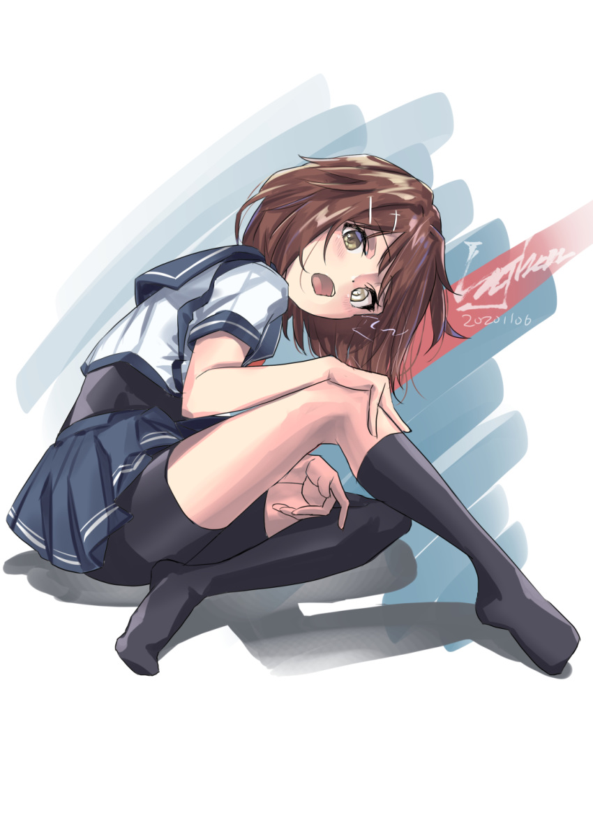 1girl bike_shorts black_shorts brown_hair commentary_request furutaka_(kantai_collection) glowing glowing_eye heterochromia highres kantai_collection lajhen2651 looking_at_viewer open_mouth remodel_(kantai_collection) school_uniform serafuku short_hair shorts shorts_under_skirt signature single_thighhigh solo thighhighs upper_teeth yellow_eyes