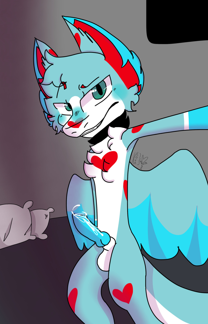 &lt;3 absurd_res angel_dragon anthro balls blue_body blue_fur blue_knot blush bodily_fluids cum cum_leaking dragon dutch_angel_dragon fur genital_fluids genitals green_eyes hart_the_dutchie heart_marking hi_res knot male no_love_(artist) red_body red_fur selfie solo throbbing white_body white_fur