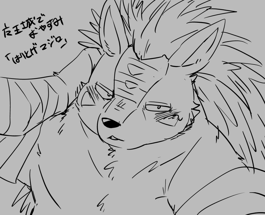 2020 absurd_res anthro belly biped blush eulipotyphlan hedgehog hi_res japanese_text kemono majiro_the_hedgehog mammal overweight simple_background sketch sleepy_princess_in_the_demon_castle solo text tiri_mama