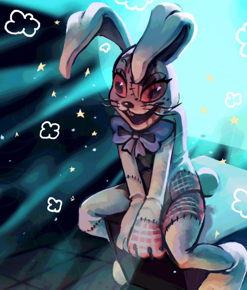 ambiguous_gender anthro blood blood_on_face bodily_fluids bow_tie clothing costume derp_eyes eyelashes five_nights_at_freddy's fursuit hi_res lagomorph leporid long_ears mammal multicolored_body patch_(disambiguation) rabbit red_eyes scut_tail sitting skylordlysander solo vanny_(fnaf) video_games white_body