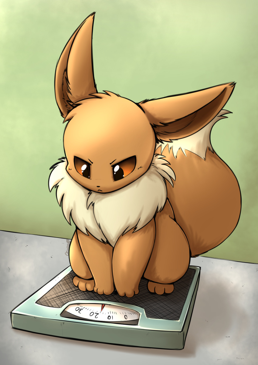 2020 3_fingers 3_toes ambiguous_gender brown_body brown_fur brown_sclera dipstick_tail eevee feral fingers fur green_background head_tuft hi_res inner_ear_fluff looking_down mammal mane multicolored_tail nintendo otakuap pok&eacute;mon pok&eacute;mon_(species) quadruped scale shaded signature simple_background sitting solo tan_body tan_fur tan_mane toes tuft video_games weight_gain