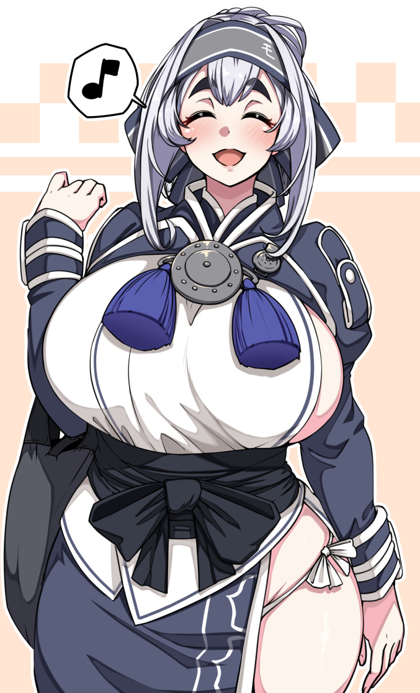 1girl ainu_clothes bangs blush breasts closed_eyes eyebrows_visible_through_hair headband highres huge_breasts japanese_clothes kamoi_(kantai_collection) kantai_collection konoshige_(ryuun) long_hair long_sleeves musical_note open_mouth panties side-tie_panties sideboob silver_hair simple_background solo spoken_musical_note tassel thick_eyebrows two-tone_background underwear white_panties